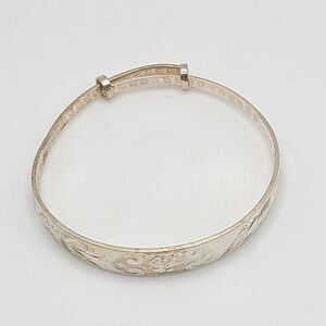 Sterling Silver Bangle, Engraved Chinese Good Luck Symbols, Vintage